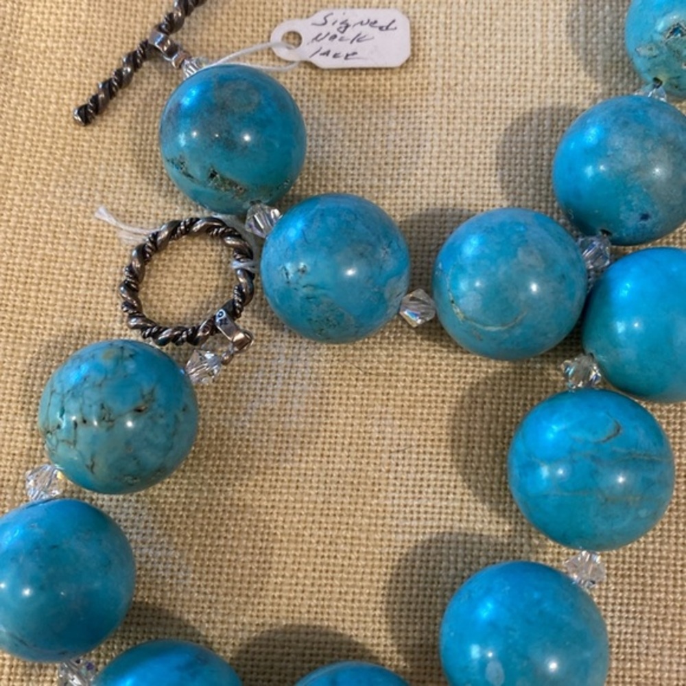 NEW. Gorgeous Turquoise and Sterling Silver with shining beads necklace. Signed.